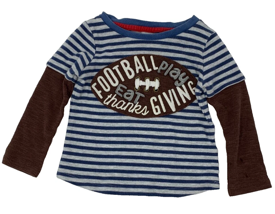 Camisa Mud Pie Bebé Niños 12-18 Meses Azul Rayas Acción de Gracias Fútbol Aplique Foto 1 de 4