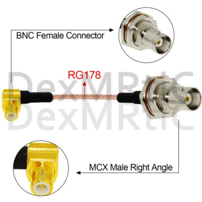 MCX male RA to BNC female bulkhead RF cable assembly RG178 adapter 15cm 6inch - Image 1 of 4