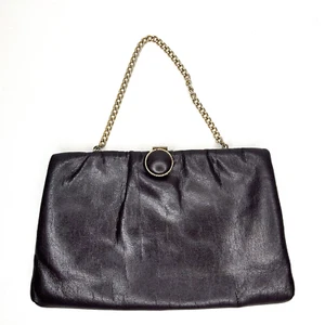 #VINTAGE Borsa da sera pochette/borsa a tracolla in pelle marrone con apertura incorniciata - Foto 1 di 7