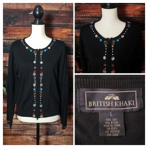 British Khaki Sweater Large Womens Silk Jeweled Trim Embellished Black Full Zip - Picture 1 of 11