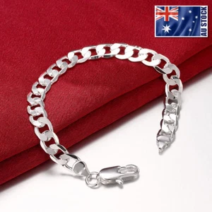 925 Sterling Silver Filled Classic Women's 8MM Solid Curb Chain Bracelet Bangle - Picture 1 of 7