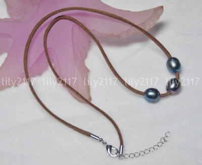 Natural 10x12mm Tahitian Black Pearl Handmade Leather Rope Pendant Necklaces 18" - Image 1 of 4