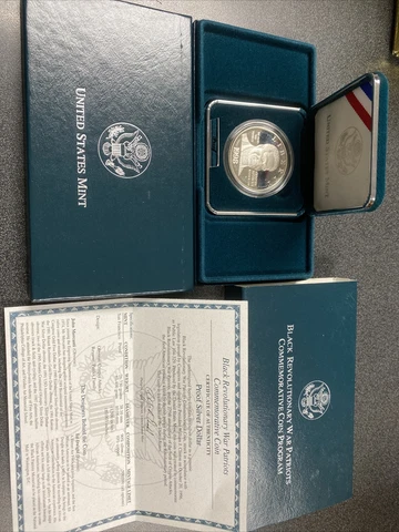 1998 S Black Revolutionary War Patriots Silver Dollar Proof and US Mint Box COA Cover