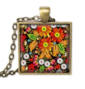 Zhostovo Flower Nature Lover - Handmade SQUARE Glass Pendant Necklace - Picture 1 of 9