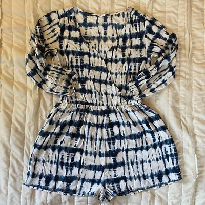 Romper Aeropostale Feminino Pequeno Azul Branco Tie Dye Envoltório Falso Manga 3/4 Shorts - Imagem 1 de 4