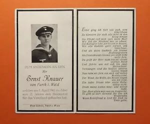 German Death Card Sterbebild Kriegsmarine ~ KIA 1st April 1942 - Picture 1 of 2