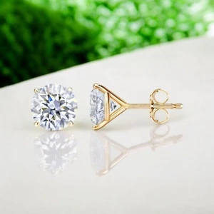 2.00 Ct Round Lab Grown E VVS2 Diamond Studs Ideal 14K Yellow Gold IGI Certified - Picture 1 of 4