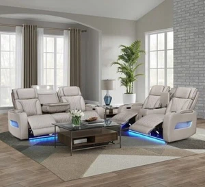 NEW LED Power Recliner & Adj Headrest 2PC Sofa Set Beige Gray Bluetooth Speaker - Picture 1 of 11