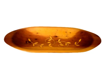 Wooden Oval Dough Bowl  w/ Inlaid Wood Leaf Design 17.25" x 7.5" Vintage - Image 1 of 4