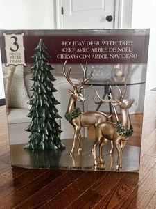 Newman House Studio 3 Piece Gold Reindeer And Tree Christmas Decoration Indoor - Picture 1 of 15