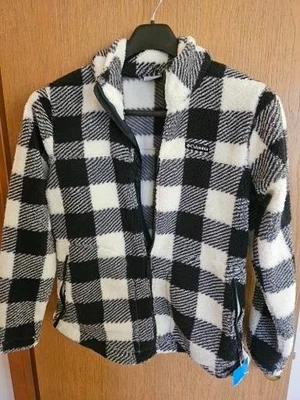 CHAQUETA A CUADROS ESPONJOSA COLOMBIA PARA MUJER, BLANCO Y NEGRO, BOLSILLOS CON CREMALLERA. LG, CÁLIDO, ¡NUEVO CON ETIQUETAS! Foto 1 de 4