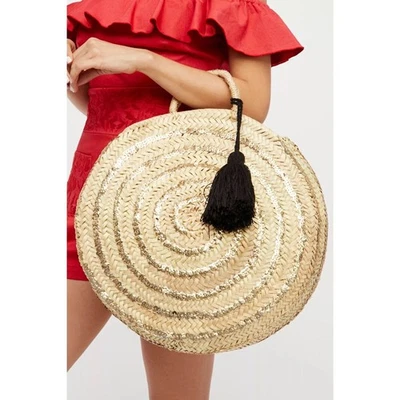 Bolso de Mano Merrakech XL Paja Redondo con Lentejuelas Doradas Asas Superiores Playa Vacaciones Foto 1 de 4
