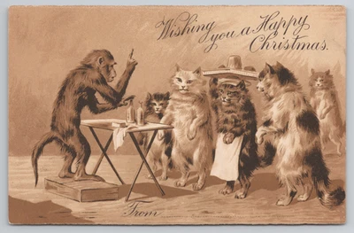 Christmas Postcard Anthropomorphic Monkey Medicine Man Sells Tonic to Kitty Cats - Image 1 of 4