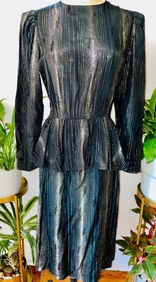 VESTIDO PEPLUM VINTAGE AÑOS 70 NANCY BRACOLINI SHANGRI-LA METALIZADO DORADO Y PLATEADO RAYAS*S Foto 1 de 4