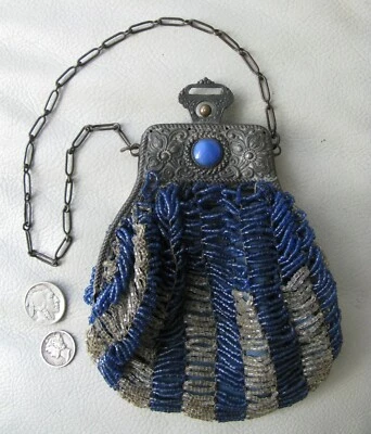 Старинный ар-деко Серебряный цветочный рамка крючком синий прозрачный белый чешский бусина сумочки - Изображение 1 из 4