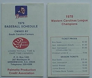 1979 GREENWOOD BRAVES SCHEDULE ( "A" WESTERN CAROLINAS LEAGUE - Picture 1 of 1