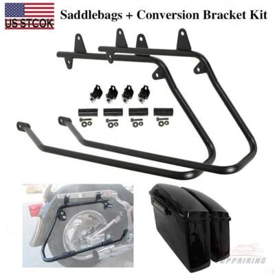 Alforjas rígidas negras bolsa de sillín + soportes de conversión para Harley Davidson Softail Foto 1 de 4