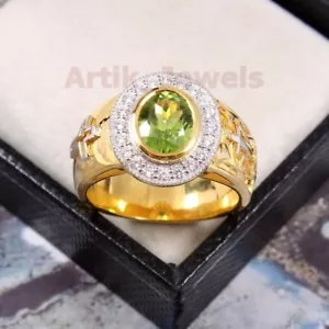 Natural Peridot Gemstone With 14K Gold Plated Silver Ring for Men's #1411 - Picture 1 of 11