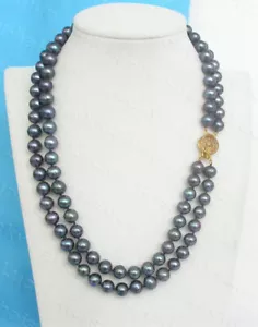 17"-18" 2row 9mm round black freshwater pearls necklace gold plated clasp c1365 - Picture 1 of 3