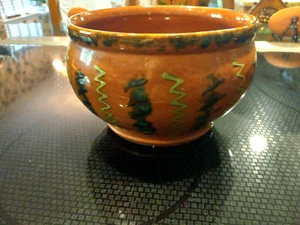 Breininger Red Glaze Brown Sponge Redware 8 1/2 x 5 Pot Bowl Signed - April 2002 - Picture 1 of 6
