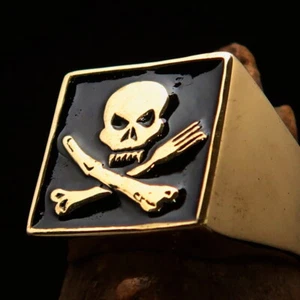 STUNNING SQUARE MENS BRASS RING CROSSED FORK AND KNIFE CHEF SKULL BLACK SIZE 9 - Picture 1 of 6