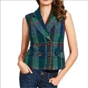 CAbi Double Breasted Wool Tweed Vest Blue Green Tartan Plaid Size M - Picture 1 of 13