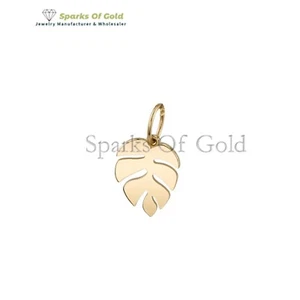14k Solid Yellow Gold Small Monstera Leaf Charm Pendant Minimalist Jewelry Gift - Picture 1 of 5