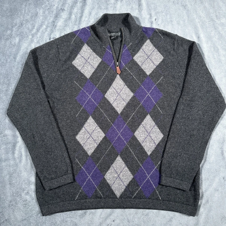 Suéter de Cachemira Harrison Davis Para Hombres XL Gris Argyle 1/4 Cremallera Suave 100% Abuelo Foto 1 de 4