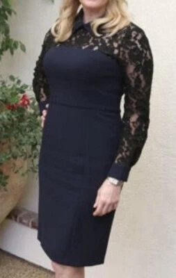 Vestido Vaina BADGLEY MISCHKA Azul Marino con Cuello de Encaje Negro Crepé Talla 10 Foto 1 de 4