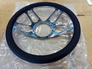 14" Chrome Billet Aluminum New Age 9 Holes Steering Wheel w/ Half Wrap Leather - Picture 1 of 8