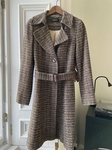 Planet Vintage Wool Blend Tweed Trench Style Belted Coat Ladies Size 12 EUC - Picture 1 of 23