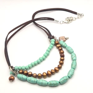 Boho Layered Necklace Howlite Pearl Wood Beads Leather Cord 20" Adjustable - Picture 1 of 5
