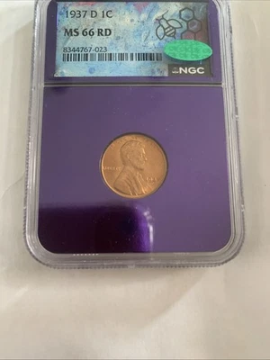 NGC  MS66 RD 1937 D Lincoln Wheat Cent Green CAC Sticker Red Nice Coin - Image 1 of 4