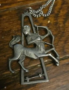 Vintage Cathedral Pewter Figural MCM Sagittarius Zodiac Pendant Necklace 24" - Picture 1 of 4