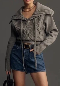 Anthropologie Pilcro Cable Laced Twofer Sweater Chunky Knit Collar Medium Grey - Picture 1 of 6