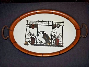 Antique Chinese Hand Made Paper Cutting Silhouette in Wood Glass & iron Tray - Picture 1 of 12