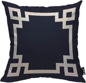 Greek Key Border Throw Pillow Meander Art Ancient Greek Fret White Navy Blue Bla - Picture 1 of 11