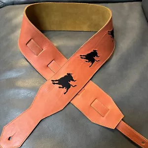 Leather Guitar Strap with Black Bull Embroidery - Brown 3’ Wide - Picture 1 of 5