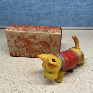 NOS! Rare Vintage Occupied Japan "Itchy Puppy" Wind Up Celluloid Dog w/ Box - Bild 1 von 15