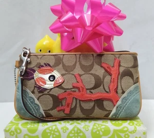 Coach Signature Brown Canvas Suede Fish Coral Reef Wristlet - Coin Wallet - Picture 1 of 13