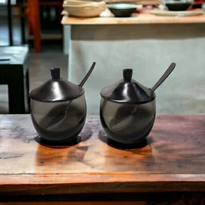 Vintage Mid Century Bronze Tinted Round Glass Stainless Lidded Jars with Spoons - Picture 1 of 7