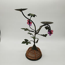 Metal Tree Branch Candle Holder with Grapes Clusters and Bamboo Wrapped Base