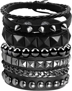 4 Pcs Punk Rock Leather Studded Bracelets for Men Women 80S Gothic Spike Cuff Br - Picture 1 of 12