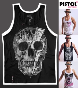 Pistol Boutique Men's Black LIGHTNING BOLT GRAFFITI SKULL Vest Top Singlet Tank - Picture 1 of 14