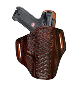 Leather Belt Holster For Ruger Mark IV .22/45 Lite, Basket Weave, Handmade - Picture 1 of 9