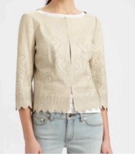 Giacca in pelle super morbida Tory Burch avorio taglio laser forata taglia 6