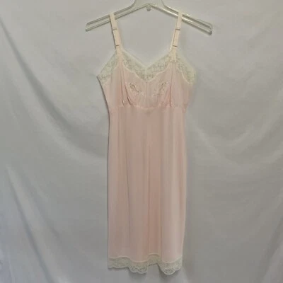 Vintage Barbizon 14 Pink Acclaim Full Slip Dress Crepe Remarque Lace Trim Insets - Image 1 of 4