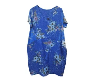 Womens Floral Italian Linen Dress Ladies Ribbed Short Sleeve Sides Shirt Dress - Picture 1 of 9