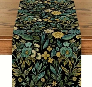 Table Runner Black with Green & Yellow Floral Design 30x180cm Linen Blend - Picture 1 of 2