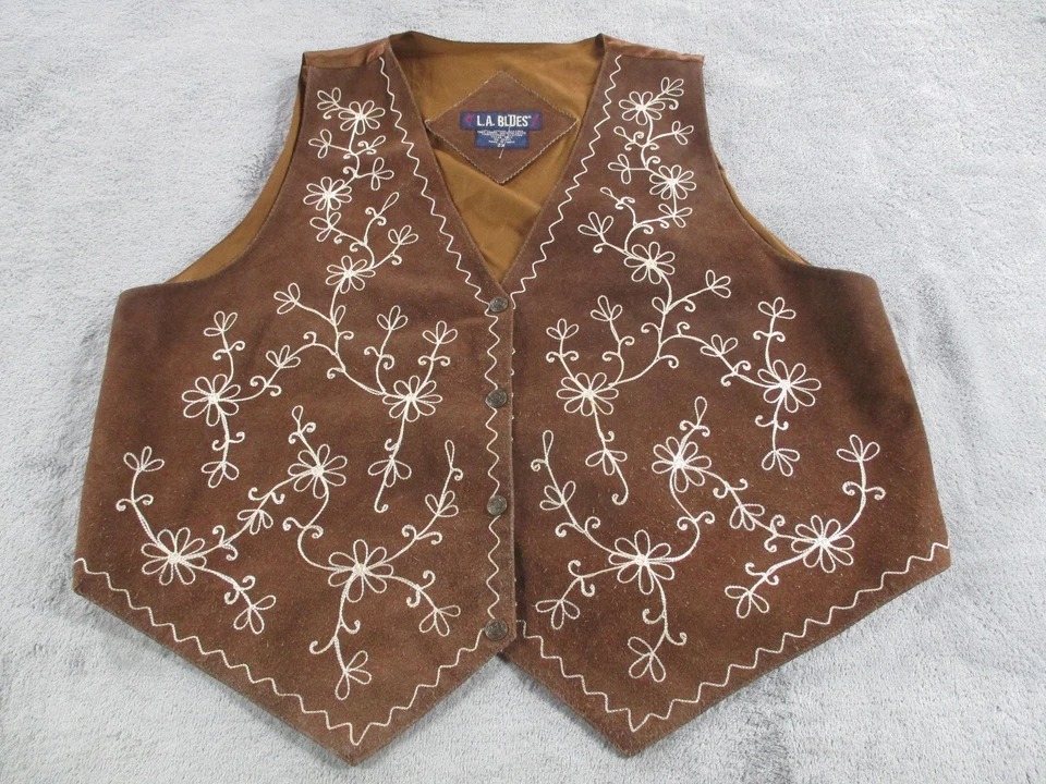 Chaleco LA Blues Mujer 2X Marrón Gamuza Floral Bordado Western Boho Cuero Foto 1 de 4